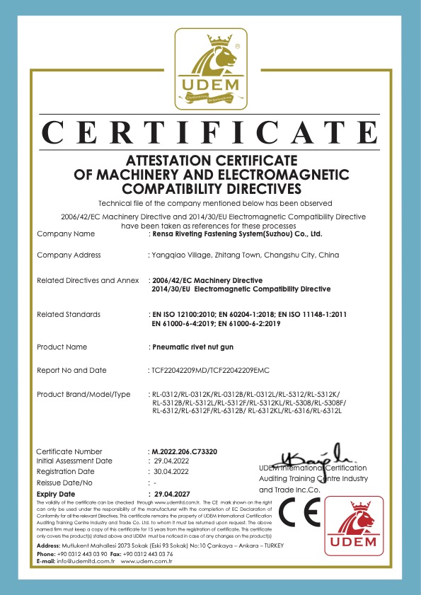 Pneumatic Rivet Nut Gun Certificate