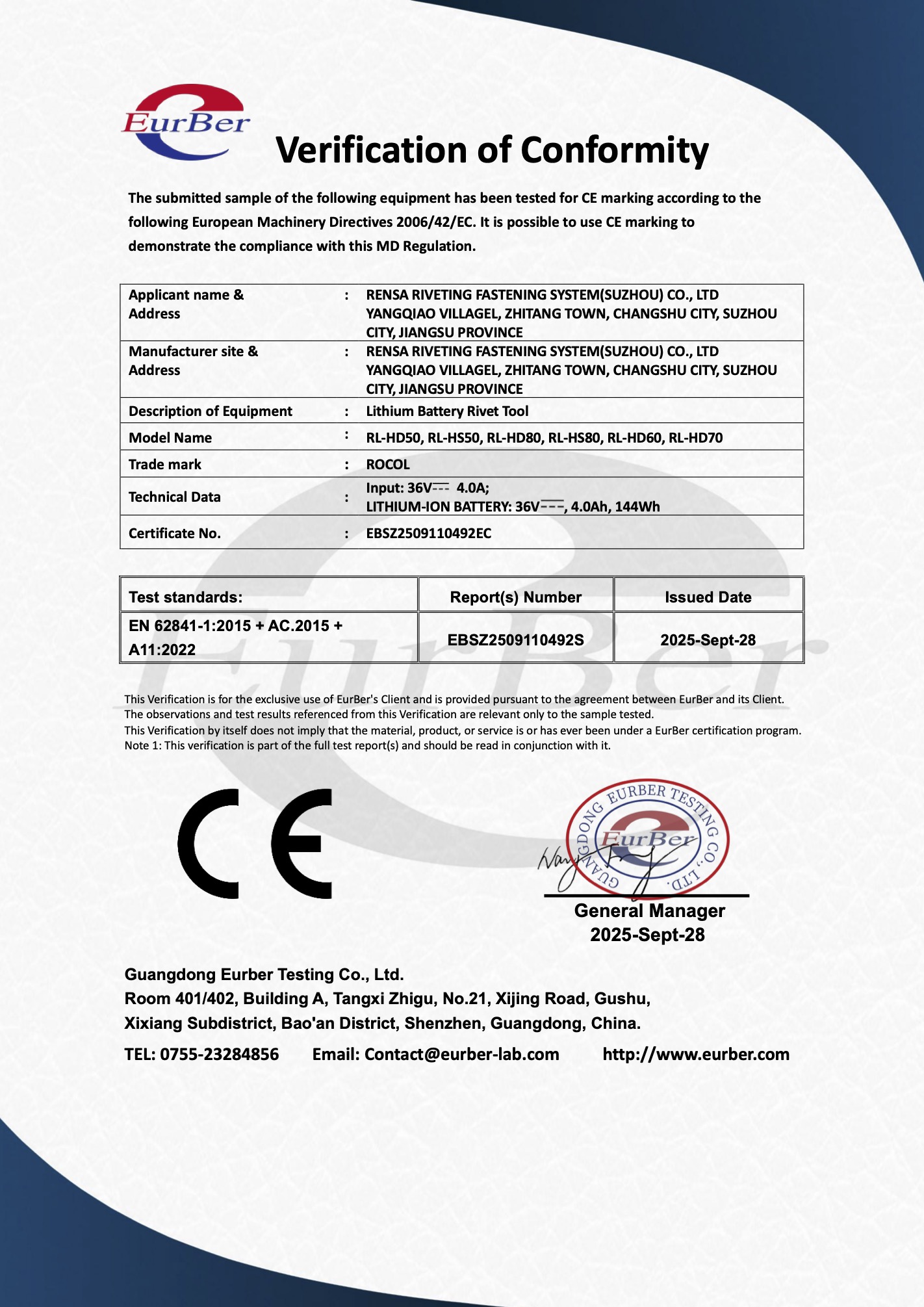 Cordless Riveting Tool CE-MD Certificate